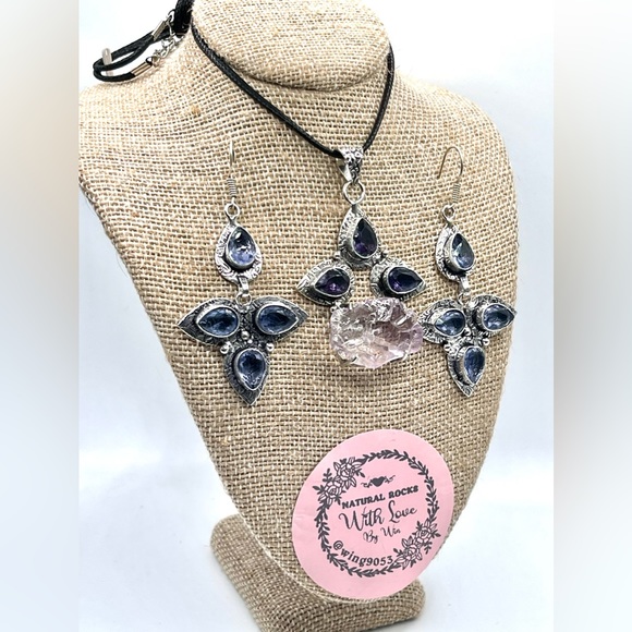 Sea Glass & Purple Statement Piece Pendant & Earrings Set - Picture 4 of 5